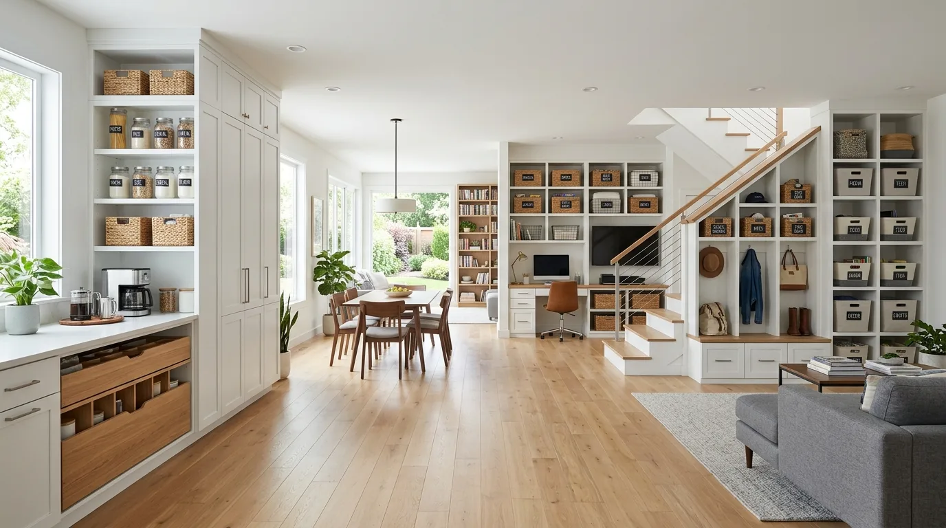 Organized home spaces with decluttering systems for every room.